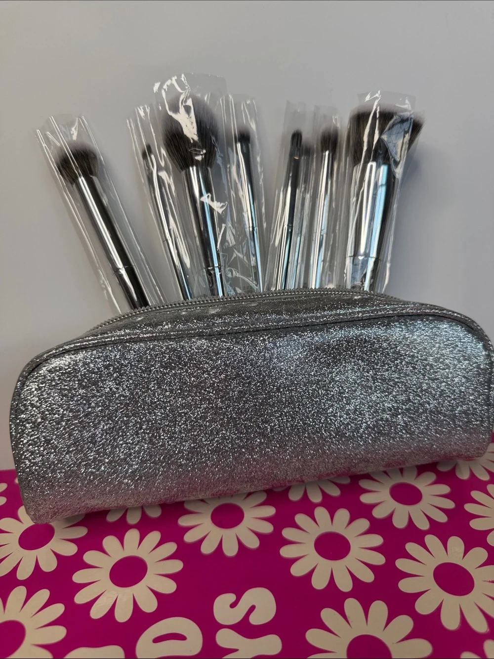 ILO Cosmetics 8 Piece Silver Makeup Brush Set & Matching Glitter Pouch